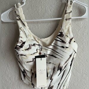 Calia Inspire Scoop Neck Tank XS Neutral Beige Built-In Bra Fitted Cropped NWT
